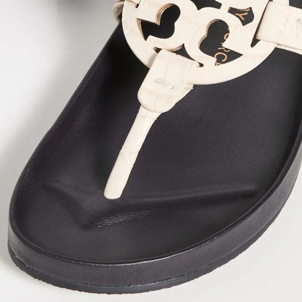 Tory Burch CROC EMBOSSED Miller Cloud Leather Thong Slides New Ivory Cream Navy - Picture 7 of 7
